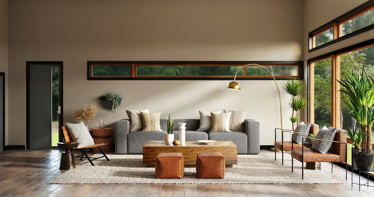 Sunlit interior with layered materials, soft seating, and natural light