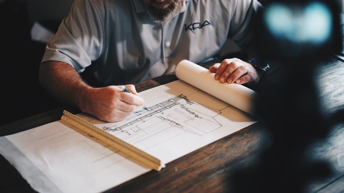 Architectural drawings and plans spread on a desk in natural light